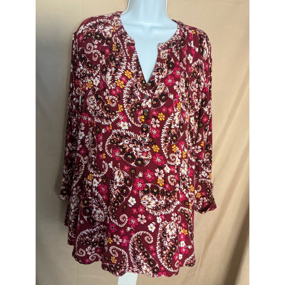 Kim Rogers Henley Tunic Womens 2X Burgundy Paisley Floral Excellent Long Sleeve